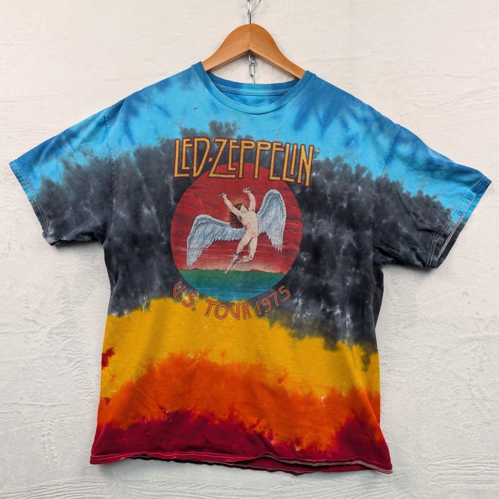 Led Zeppelin T-Shirt Men's XL Multi-Color Tie Dye Rock Band US Tour 1975 Cotton